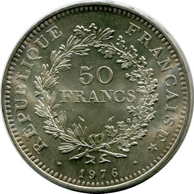 Монета Франция 50 франков 1976 год. Свобода, равенство, братство.