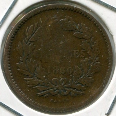 Монета Люксембург 5 сантимов 1866 год.