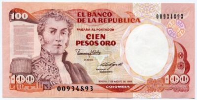 Банкнота Колумбия 100 песо 1989 год.