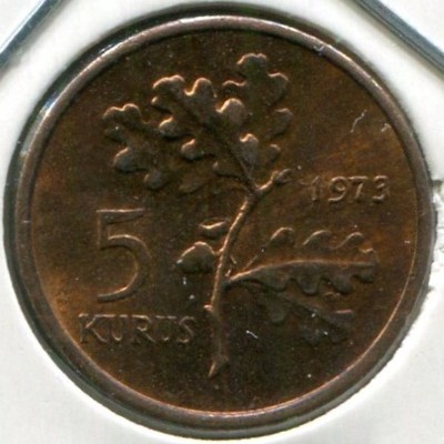 Монета Турция 5 куруш 1973 год.