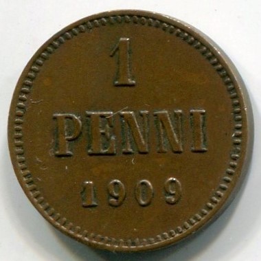 Монета Русская Финляндия 1 пенни 1909 год.