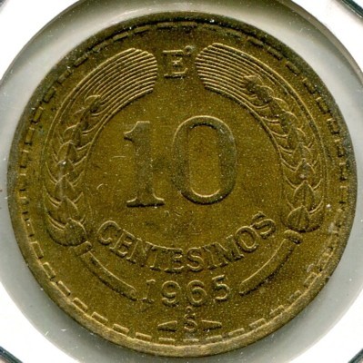 Монета Чили 10 сентесимо 1965 год.