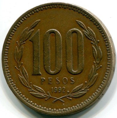 Монета Чили 100 песо 1992 год.