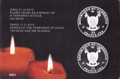 Камерун, набор памятных монет "Теракт в Париже и Авиакатастрофа над Синаем"