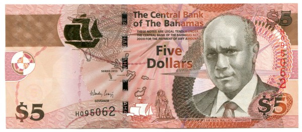 Банкнота Багамские острова 5 долларов 2013 год. 