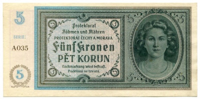 Банкнота Богемия и Моравия 5 крон 1940 год.