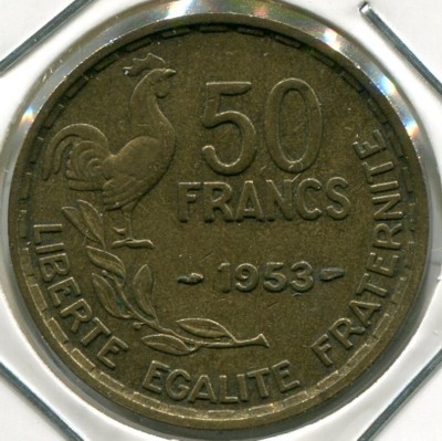 Монета Франция 50 франков 1953 год.