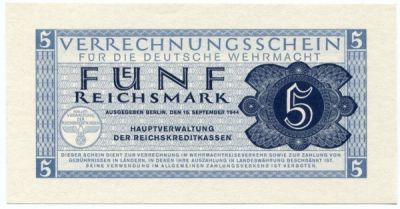 Банкнота Германия 5 рейхсмарок 1944 год.
