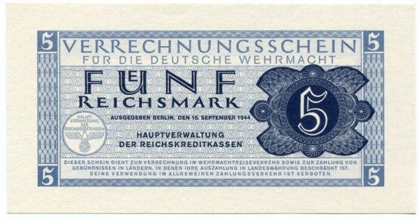 Банкнота Германия 5 рейхсмарок 1944 год.