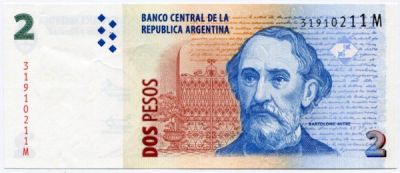 Банкнота Аргентина 2 песо 2002 год.