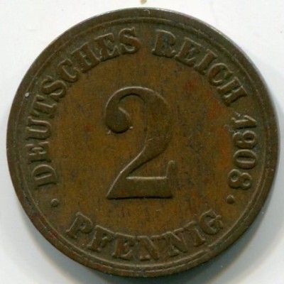 Монета Германская 2 пфеннига 1908 год. A