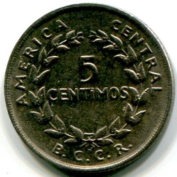 Монета Коста-Рика 5 сентимо 1969 год.
