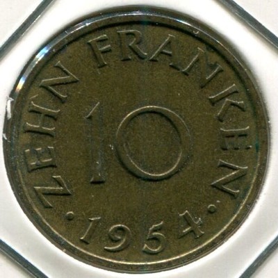 Монета Саарланд 10 франков 1954 год.
