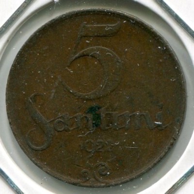 Монета Латвия 5 сантимов 1922 год.