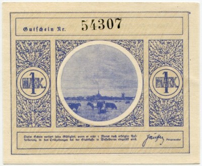 Банкнота город Вессельбурен 1 марка 1921 год.