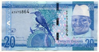 Банкнота Гамбия 20 даласи 2015 год.
