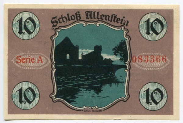 Банкнота город Алленштайн 10 пфеннигов 1921 год. 