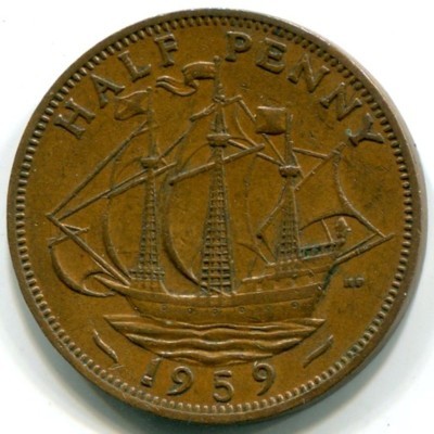 Монета Великобритания 1/2 пенни 1959 год.