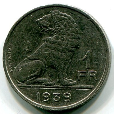 Монета Бельгия 1 франк 1939 год.