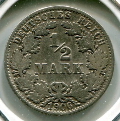 Монета Германия 1/2 марки 1906 год. А
