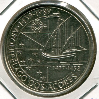 Монета Португалия 100 эскудо 1989 г. Открытие Азорских островов.