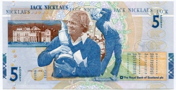 Банкнота Шотландия 5 фунтов 2005 год. Джек Никлаус, гольф
