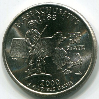 Монета США 25 центов 2000 год. Штат Массачусетс. P
