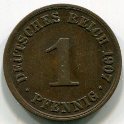 Монета Германия 1 пфенниг 1907 год. А