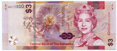 Банкнота Багамские острова 3 доллара 2019 год.