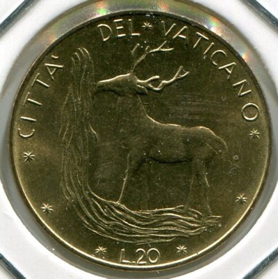 Монета Ватикан 20 лир 1973 год.