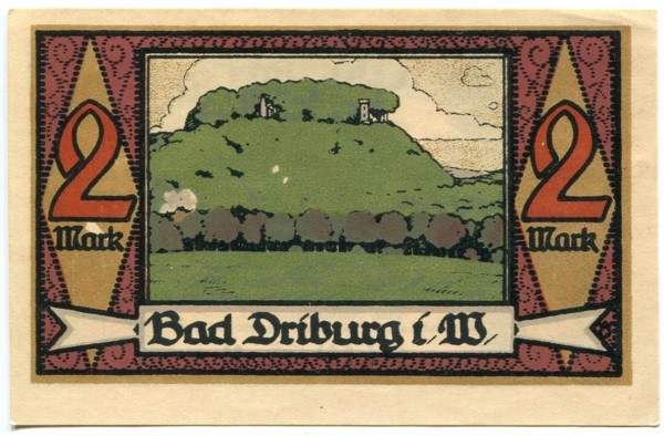 Банкнота город Бад-Дрибург 2 марки 1921 год.