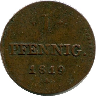 Монета Гессен-Дармштадт 1 пфенниг 1819 год.