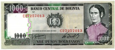 Банкнота Боливия 1000 песо 1982 год.