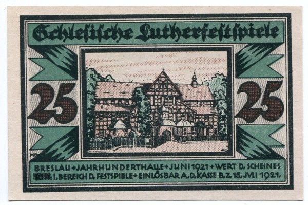 Банкнота Бреслау 25 пфеннигов 1921 год.