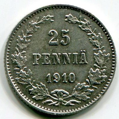 Монета Русская Финляндия 25 пенни 1910 год.