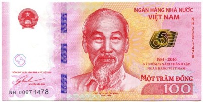 Банкнота Вьетнам 100 донгов 2016 год. 65 лет банку.
