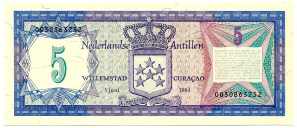 Банкнота Нидерландские Антилы 5 гульденов 1984 год.