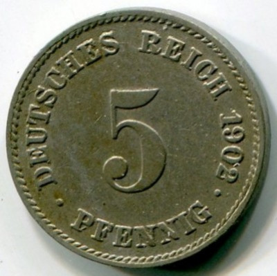 Монета Германия 5 пфеннигов 1902 год. J