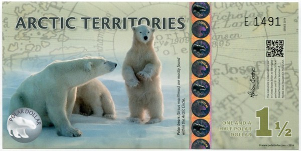 Банкнота Арктические территории 1-1/2 доллара 2014 год.