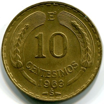 Монета Чили 10 сентесимо 1963 год.
