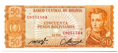 Банкнота Боливия 50 песо 1962 год.