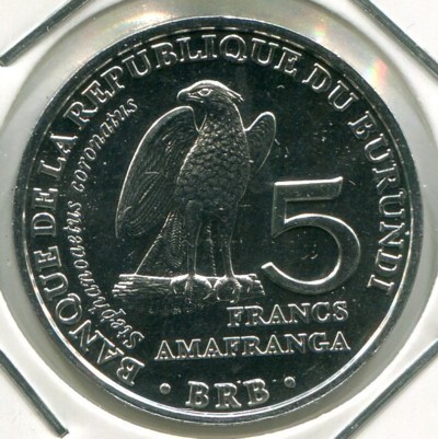 Монета Бурунди 5 франков 2014 год. Венценосный орёл