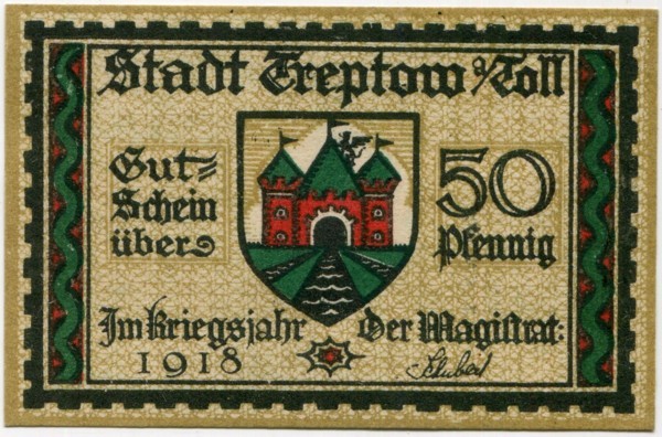 Банкнота Трептов дер Толленсе 50 пфеннигов 1918 год.