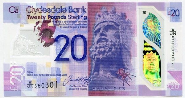Банкнота Шотландия 20 фунтов 2019 год. Король Шотландии Роберт I.