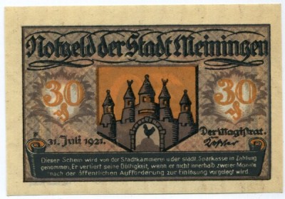 Банкнота город Майнинген 30 пфеннигов 1921 год.