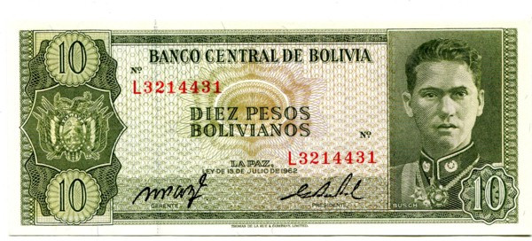 Банкнота Боливия 10 песо 1962 год.