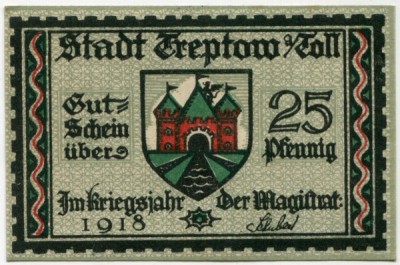 Банкнота Трептов дер Толленсе 25 пфеннигов 1918 год.