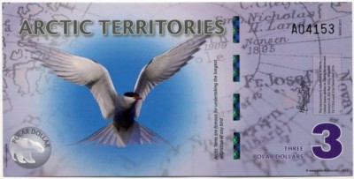 Банкнота Арктические территории 3 доллара 2011 год.