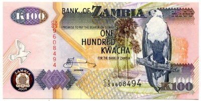 Банкнота Замбия 100 квача 2009 год.