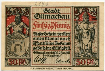 Банкнота город Отмухув 50 пфеннигов 1921 год.